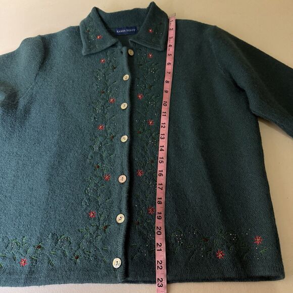 VTG Karen Scott Green Wool Embroidered Button Front Cardigan Sweater Womens M - Picture 4 of 10